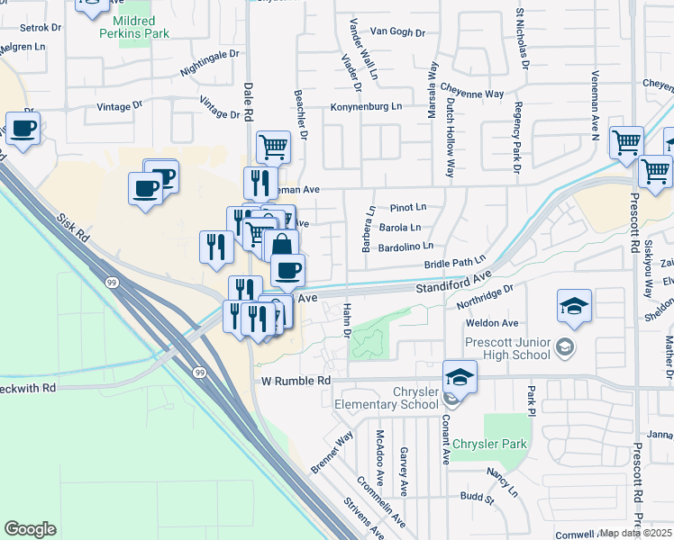 map of restaurants, bars, coffee shops, grocery stores, and more near 2800 Braden Avenue in Modesto
