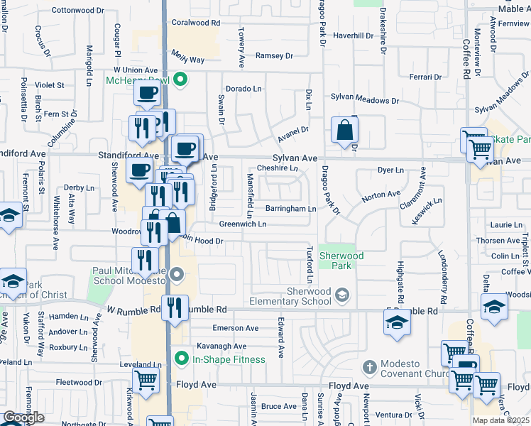 map of restaurants, bars, coffee shops, grocery stores, and more near 409 Greenwich Lane in Modesto