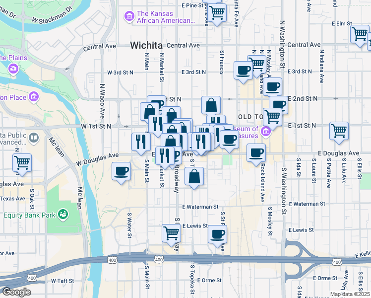 map of restaurants, bars, coffee shops, grocery stores, and more near 311 East Douglas Avenue in Wichita