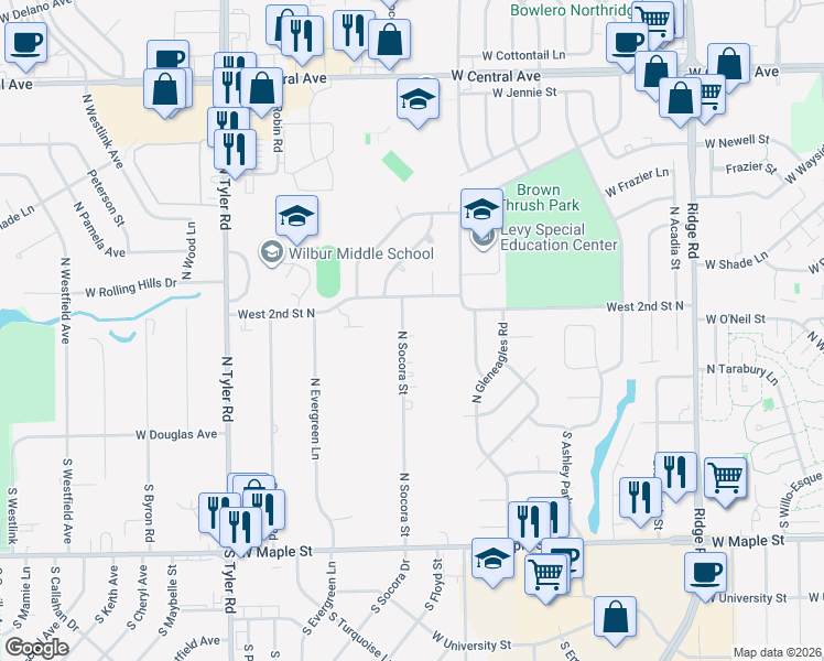 map of restaurants, bars, coffee shops, grocery stores, and more near 100-110 South Socora in Wichita