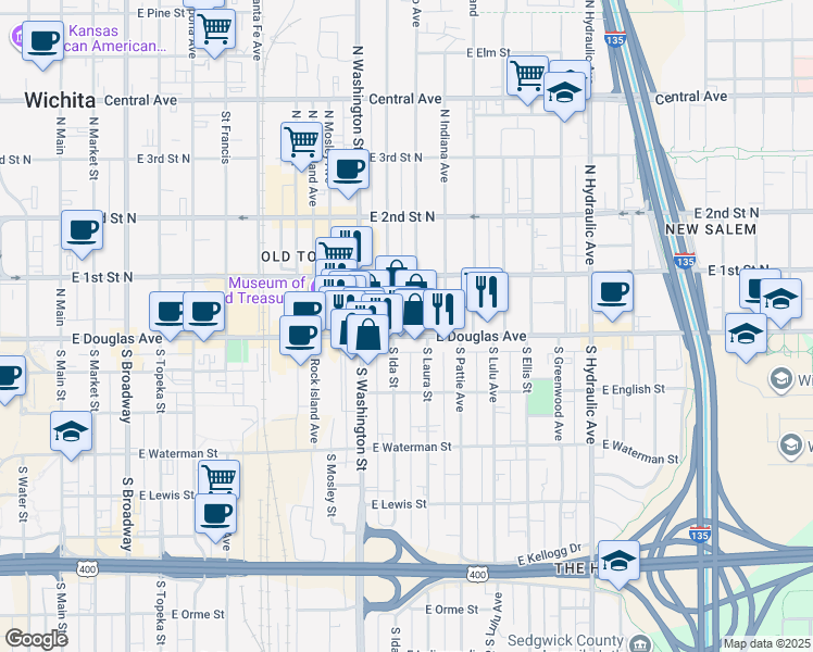 map of restaurants, bars, coffee shops, grocery stores, and more near 1113 East Douglas Avenue in Wichita