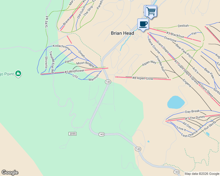 map of restaurants, bars, coffee shops, grocery stores, and more near 690 Utah 143 in Brian Head