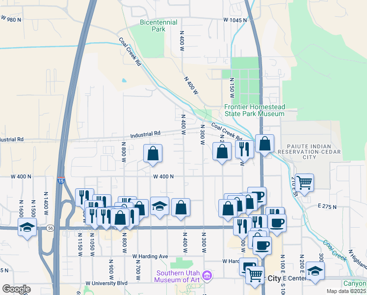 map of restaurants, bars, coffee shops, grocery stores, and more near 496 North 400 West in Cedar City