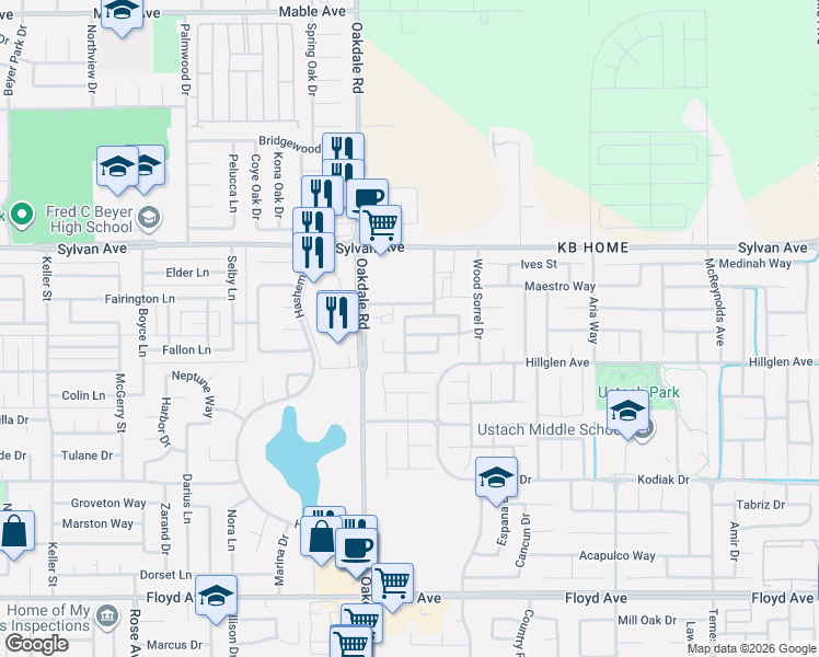 map of restaurants, bars, coffee shops, grocery stores, and more near 2212 Driftwood Park Drive in Modesto