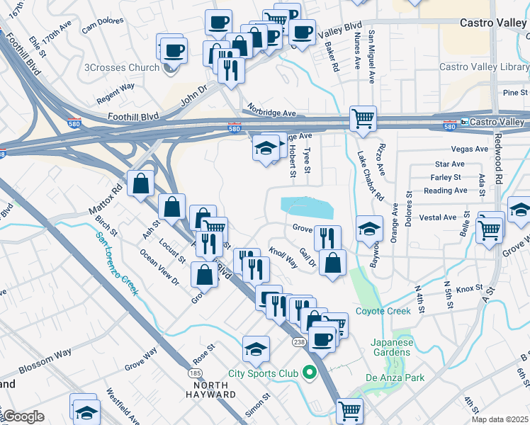 map of restaurants, bars, coffee shops, grocery stores, and more near 21493 Bedford Drive in Castro Valley