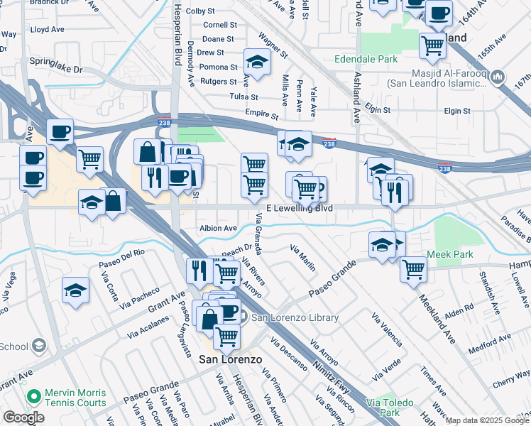 map of restaurants, bars, coffee shops, grocery stores, and more near 52 Lewelling Boulevard in San Lorenzo