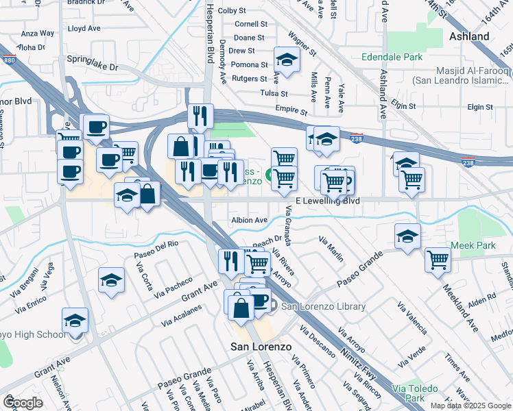map of restaurants, bars, coffee shops, grocery stores, and more near 15630 Tracy Street in San Lorenzo