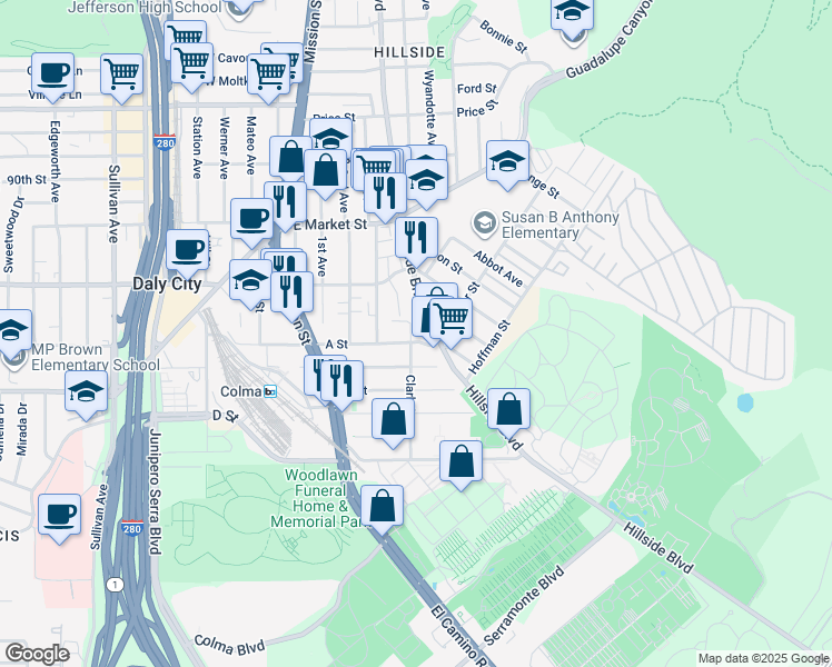 map of restaurants, bars, coffee shops, grocery stores, and more near 1196 Hillside Boulevard in Daly City