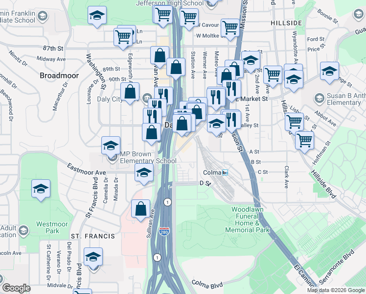 map of restaurants, bars, coffee shops, grocery stores, and more near 3001 Junipero Serra Boulevard in Daly City