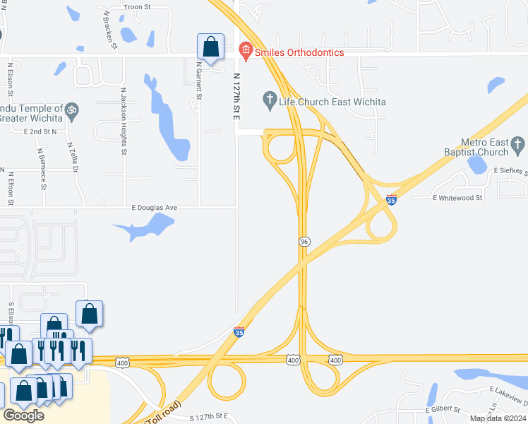 map of restaurants, bars, coffee shops, grocery stores, and more near South 127th Street East in Wichita