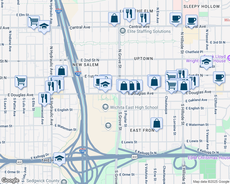 map of restaurants, bars, coffee shops, grocery stores, and more near in Wichita