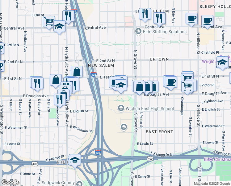 map of restaurants, bars, coffee shops, grocery stores, and more near 2160 East Douglas Avenue in Wichita