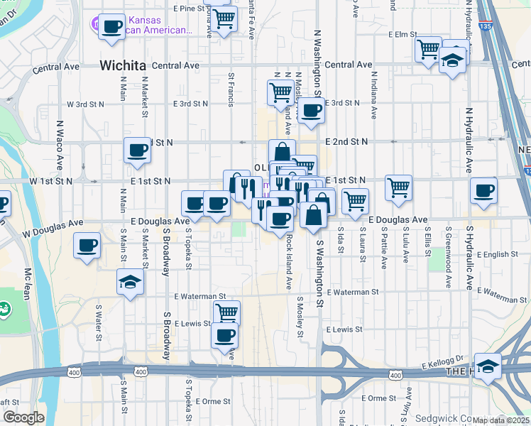 map of restaurants, bars, coffee shops, grocery stores, and more near 701 East Douglas Avenue in Wichita