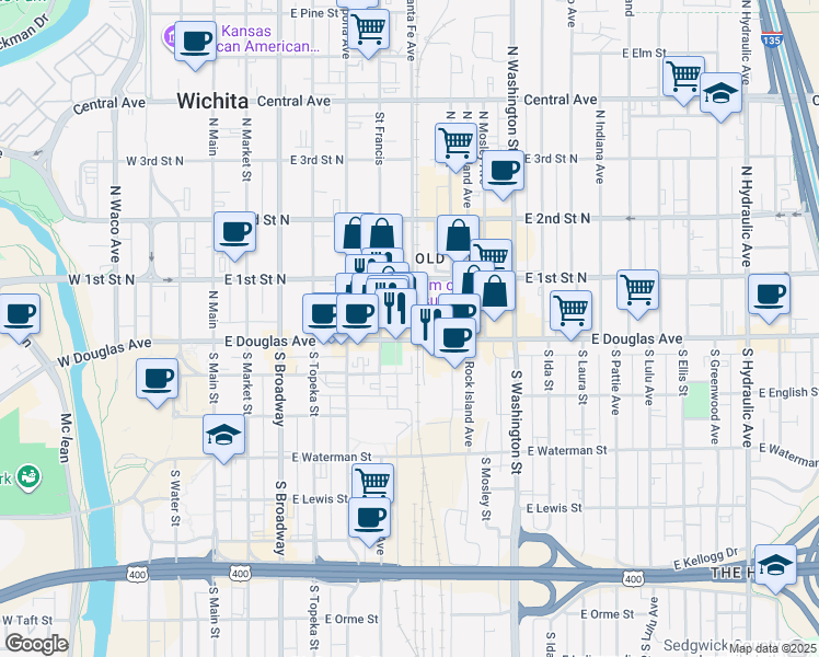 map of restaurants, bars, coffee shops, grocery stores, and more near 626 East Douglas Avenue in Wichita