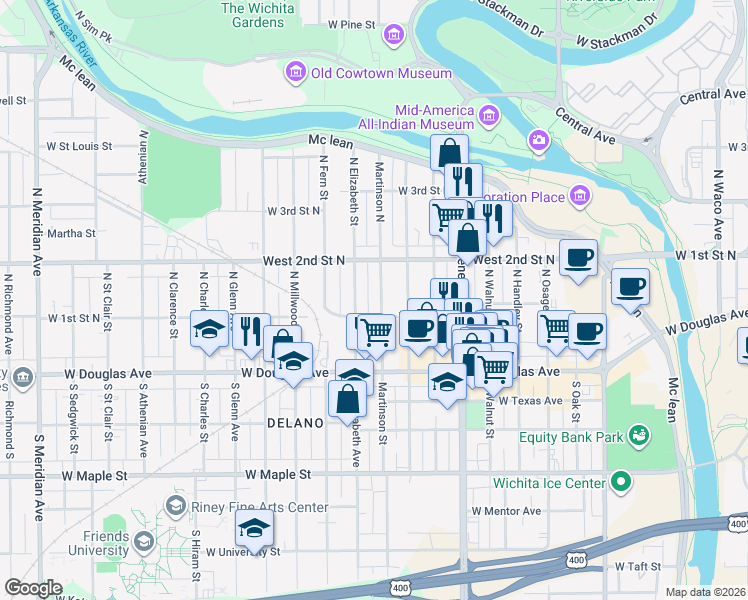 map of restaurants, bars, coffee shops, grocery stores, and more near 204 North Elizabeth Street in Wichita
