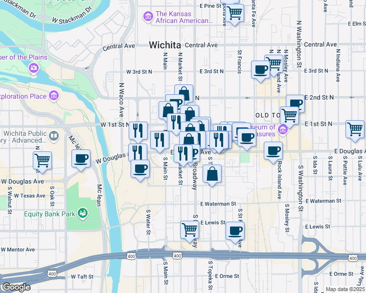 map of restaurants, bars, coffee shops, grocery stores, and more near 200 East Douglas Avenue in Wichita