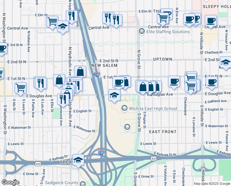 map of restaurants, bars, coffee shops, grocery stores, and more near 2160 East Douglas Avenue in Wichita