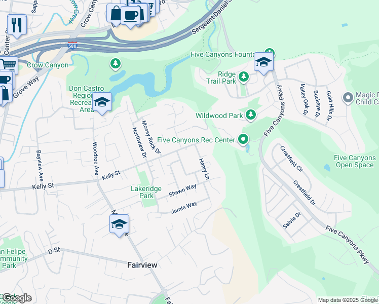 map of restaurants, bars, coffee shops, grocery stores, and more near 3375 Kelly Street in Hayward