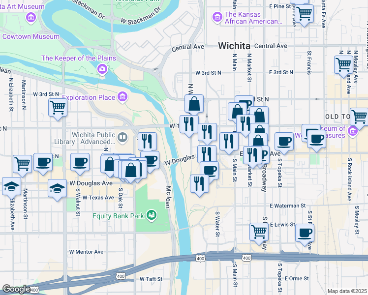 map of restaurants, bars, coffee shops, grocery stores, and more near 400 West Douglas Avenue in Wichita