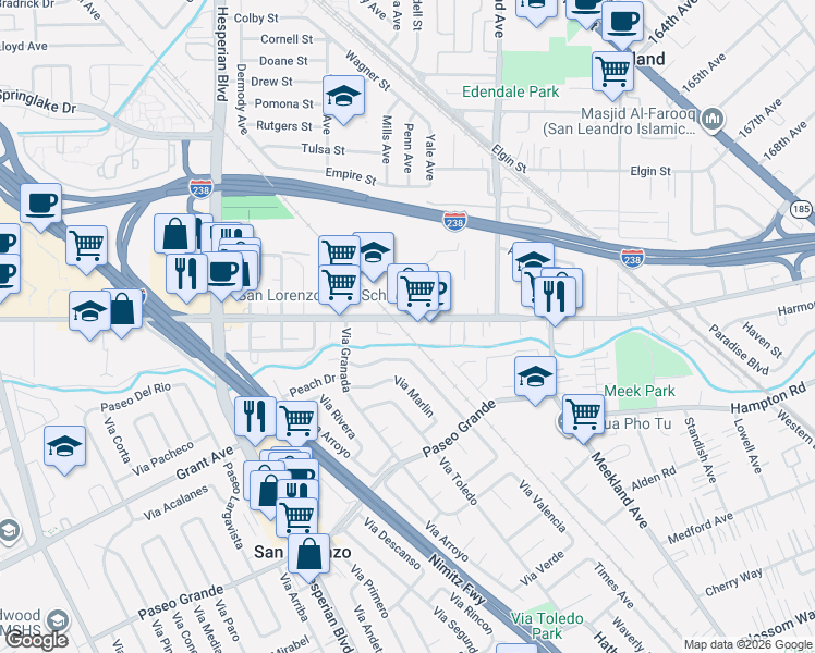 map of restaurants, bars, coffee shops, grocery stores, and more near 5 East Lewelling Boulevard in San Lorenzo