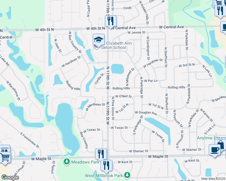 map of restaurants, bars, coffee shops, grocery stores, and more near 234-268 North 119th Street West in Wichita