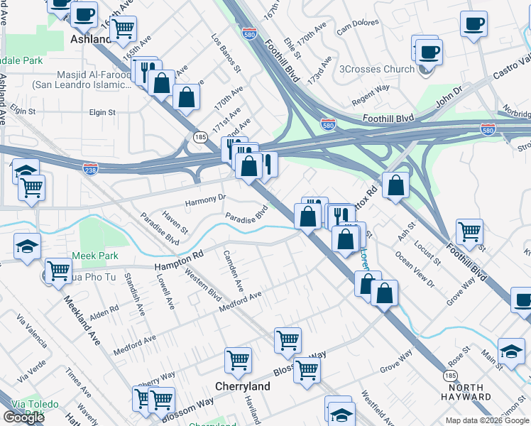 map of restaurants, bars, coffee shops, grocery stores, and more near 973 Paradise Boulevard in Hayward