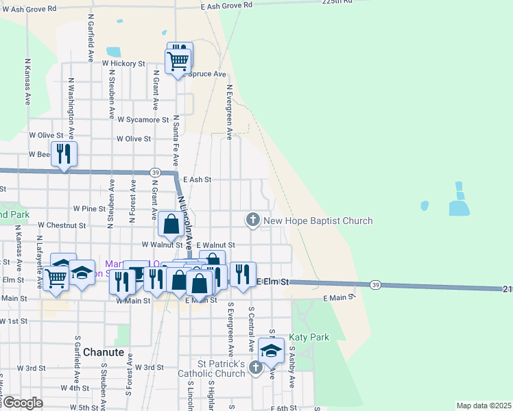 map of restaurants, bars, coffee shops, grocery stores, and more near 401-499 North Central Avenue in Chanute