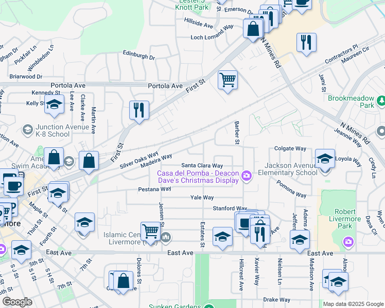 map of restaurants, bars, coffee shops, grocery stores, and more near 3862 Mills Way in Livermore