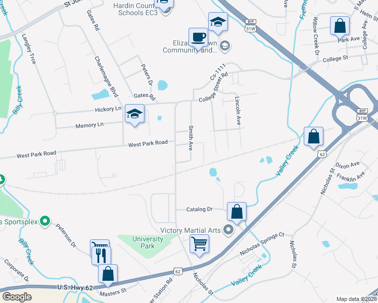 map of restaurants, bars, coffee shops, grocery stores, and more near 628 Smith Avenue in Elizabethtown