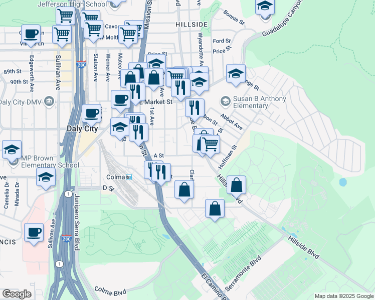 map of restaurants, bars, coffee shops, grocery stores, and more near 485 A Street in Daly City