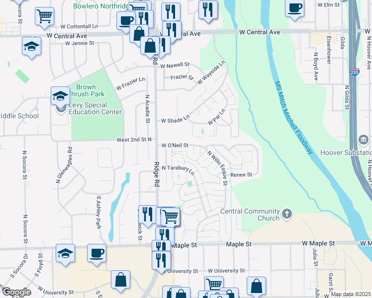 map of restaurants, bars, coffee shops, grocery stores, and more near 7003 West O'Neil Street in Wichita