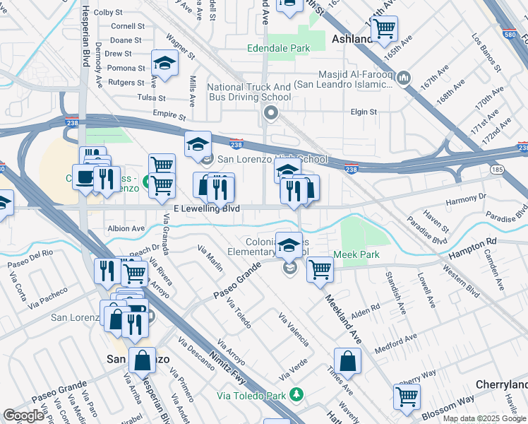 map of restaurants, bars, coffee shops, grocery stores, and more near 183 East Lewelling Boulevard in San Lorenzo