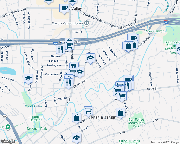 map of restaurants, bars, coffee shops, grocery stores, and more near 2525 Grove Way in Hayward