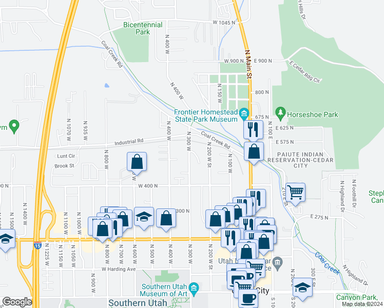 map of restaurants, bars, coffee shops, grocery stores, and more near 500 North 300 West in Cedar City