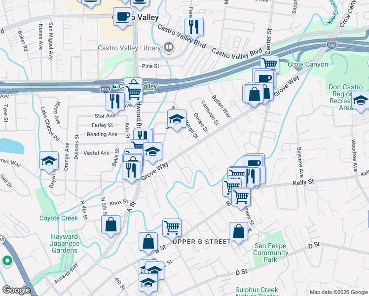 map of restaurants, bars, coffee shops, grocery stores, and more near 2525 Grove Way in Hayward