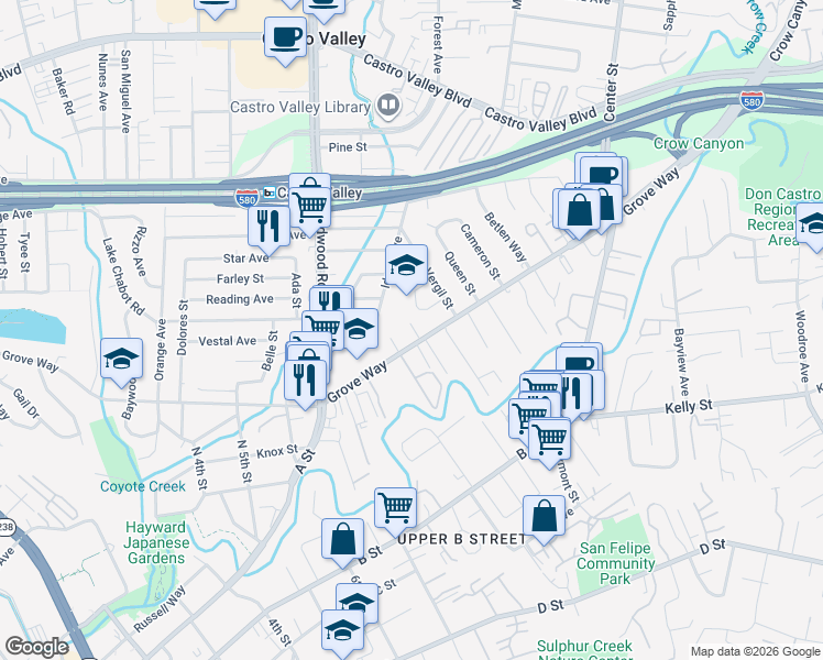 map of restaurants, bars, coffee shops, grocery stores, and more near 2525 Grove Way in Hayward