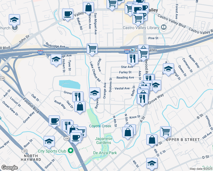 map of restaurants, bars, coffee shops, grocery stores, and more near 21933 Dolores Street in Castro Valley