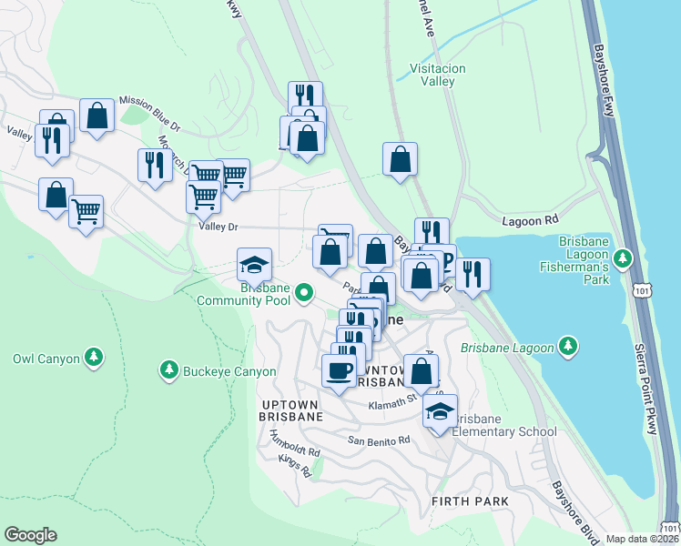 map of restaurants, bars, coffee shops, grocery stores, and more near 33 Visitacion Avenue in Brisbane