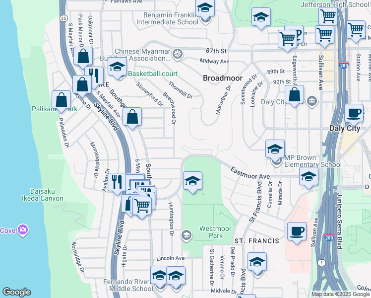 map of restaurants, bars, coffee shops, grocery stores, and more near 15 Eastmoor Avenue in Daly City