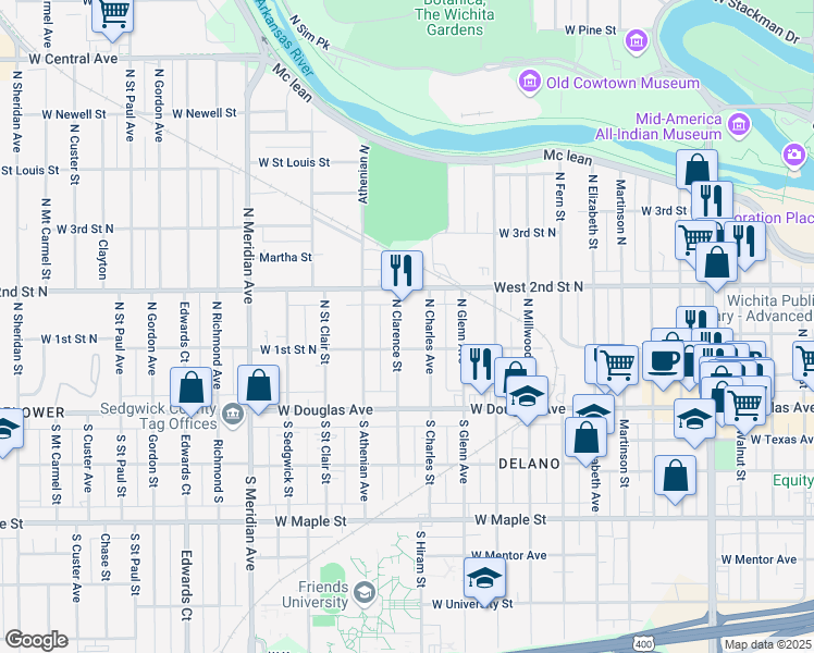 map of restaurants, bars, coffee shops, grocery stores, and more near 200 North Clarence Street in Wichita