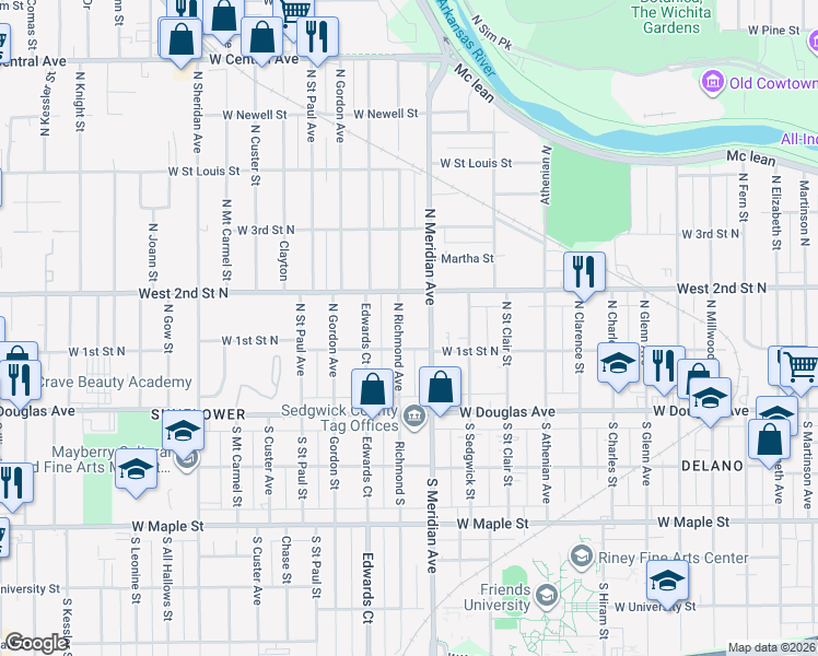 map of restaurants, bars, coffee shops, grocery stores, and more near 204 Richmond North in Wichita