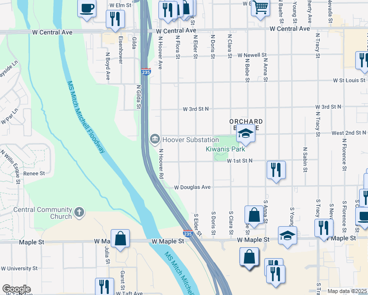 map of restaurants, bars, coffee shops, grocery stores, and more near 5314 W 1st Street North in Wichita