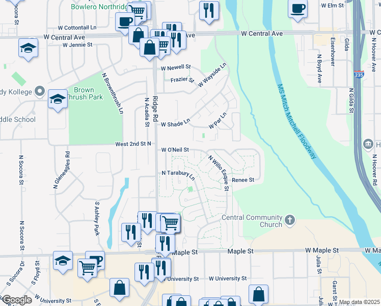 map of restaurants, bars, coffee shops, grocery stores, and more near 6923 West Oneil Court in Wichita