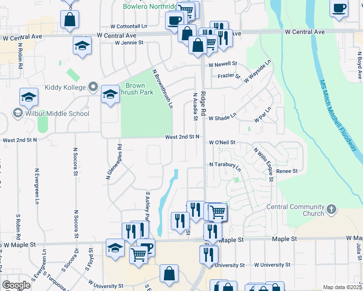 map of restaurants, bars, coffee shops, grocery stores, and more near 223 Brunswick Street in Wichita