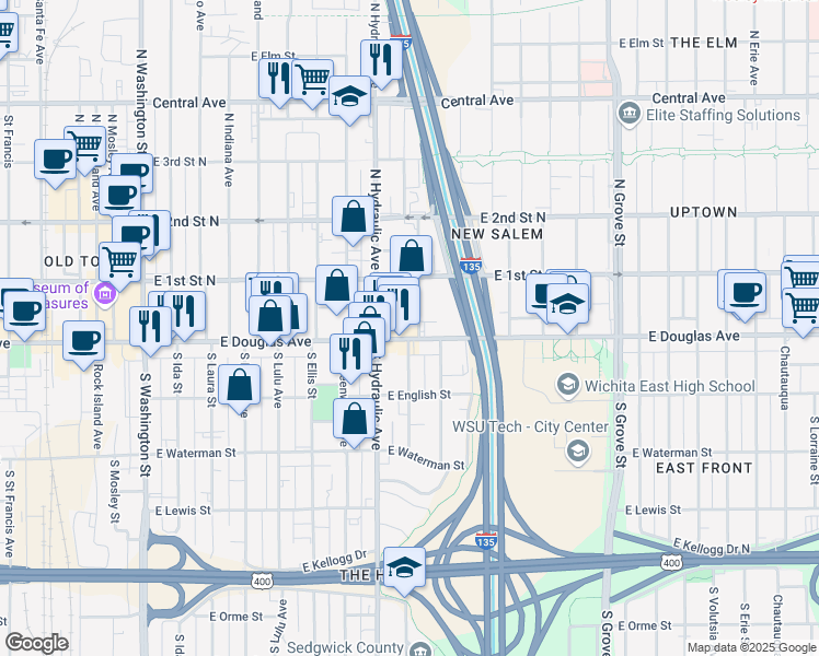 map of restaurants, bars, coffee shops, grocery stores, and more near 1730 East Douglas Avenue in Wichita