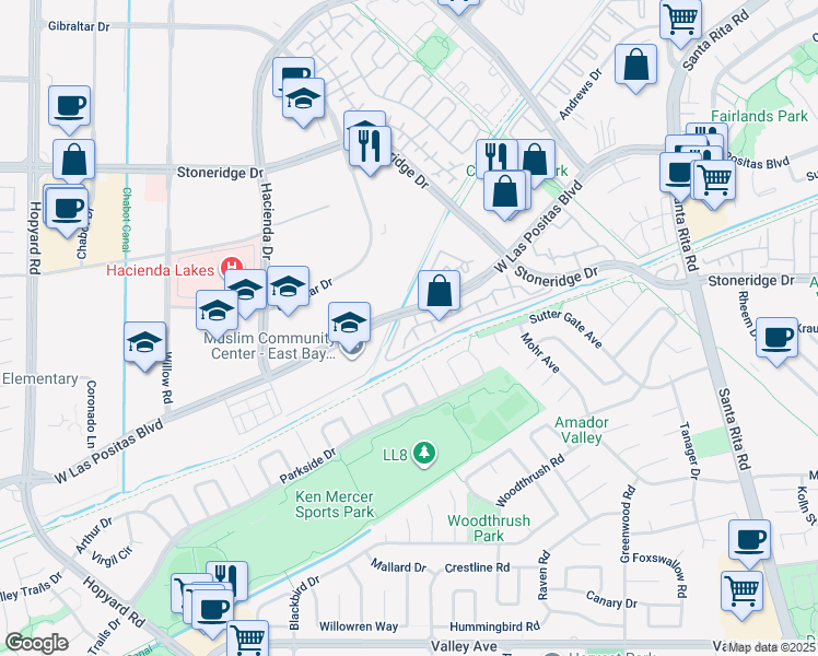 map of restaurants, bars, coffee shops, grocery stores, and more near 5760 Belleza Drive in Pleasanton