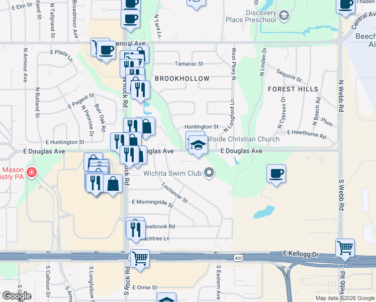 map of restaurants, bars, coffee shops, grocery stores, and more near 8301 East Douglas Avenue in Wichita