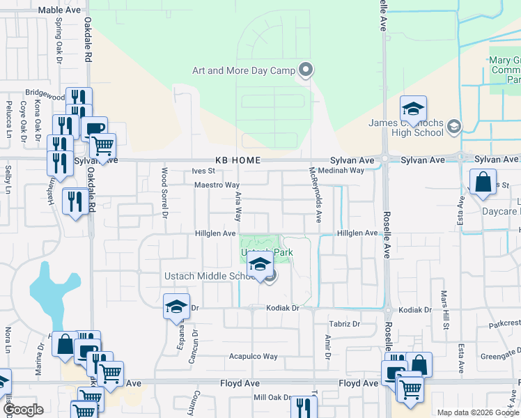map of restaurants, bars, coffee shops, grocery stores, and more near 3313 Hiddenbrook Court in Modesto