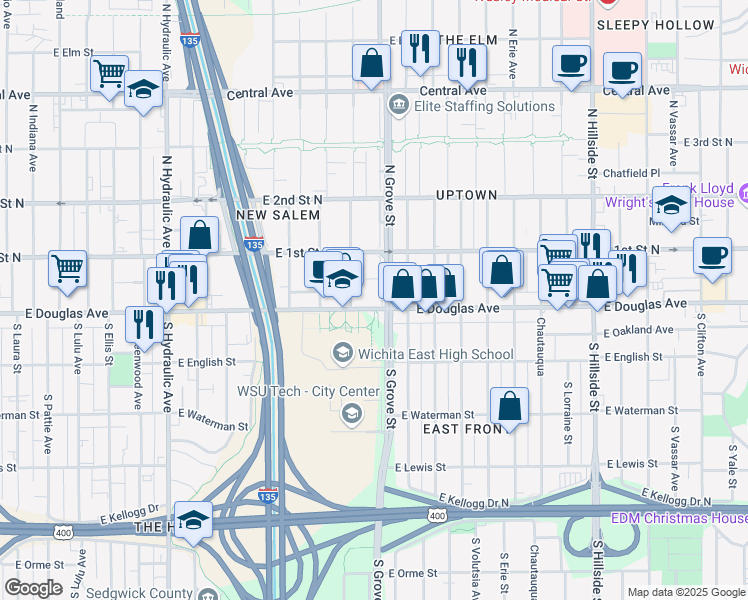 map of restaurants, bars, coffee shops, grocery stores, and more near in Wichita