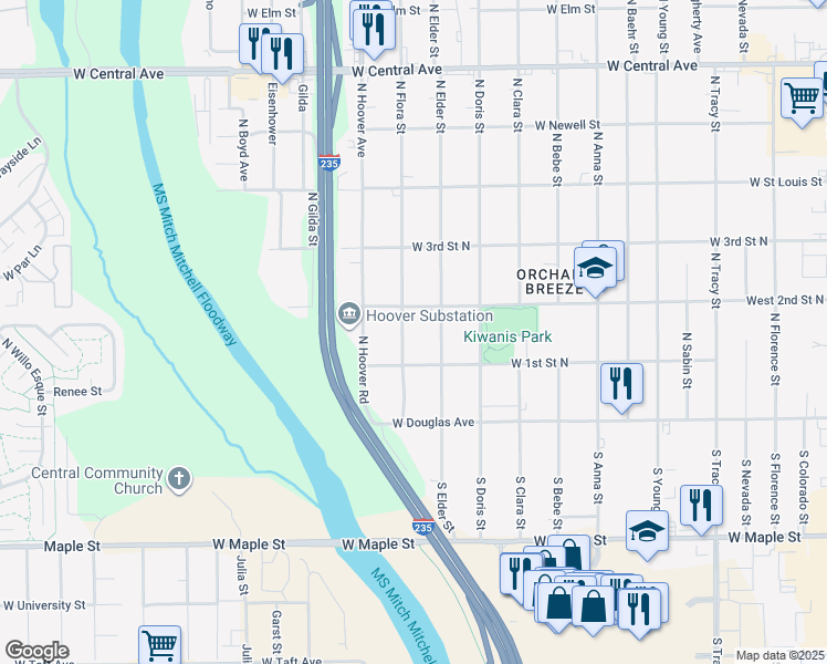 map of restaurants, bars, coffee shops, grocery stores, and more near 5314 W 1st Street North in Wichita